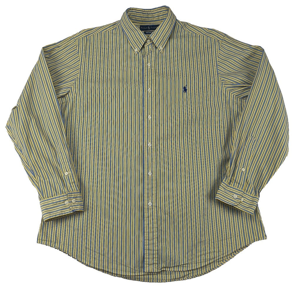 Ralph Lauren Custom Fit Striped Button Down Shirt Mens 17 34/35 Yellow Blue Pony